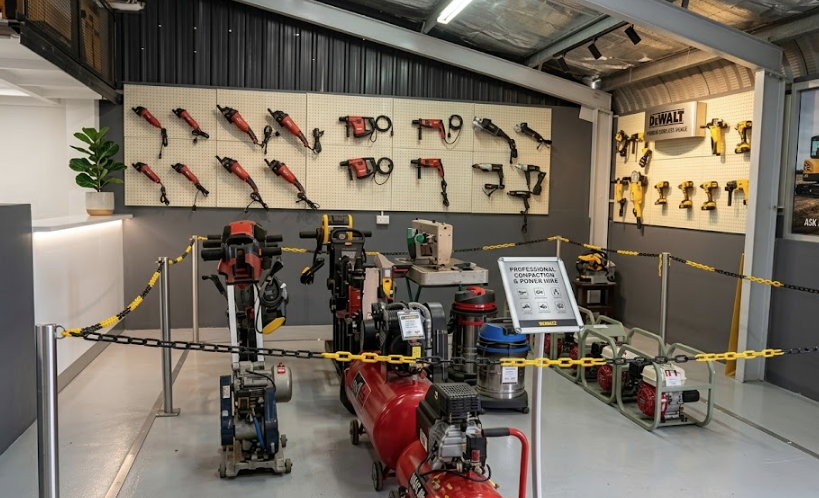 Wall of power tools at the Ree-Am Plant Hire depot